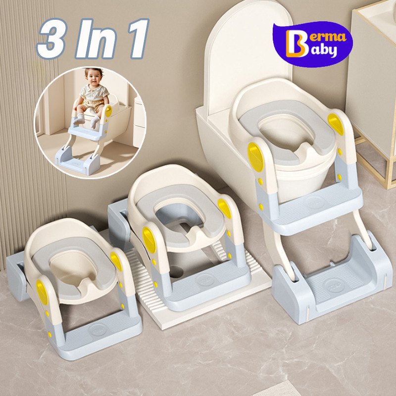 Berma Baby ที่รองชักโครกเด็ก 3-in-1 บันไดชักโครกเด็ก เบาะนิ่ม PVC สามารถพับได้ ปรับระดับได กันลื่น