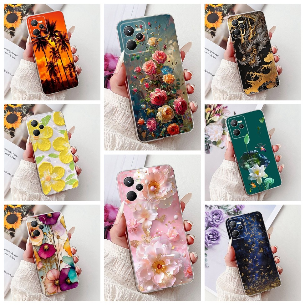 Clear สําหรับ Realme C35 กรณี RMX3511 ความงามแมวน่ารักแฟชั่นดอกไม้ทาสีปกหลังสําหรับ C35 Realme C 35 