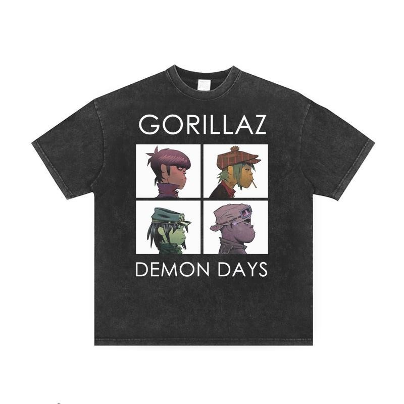 เสื้อยืดฟอก เสื้อยืดฟอก เสื้อยืด Oversize เสื้อยืดวง Gorillaz ลาย Demon Days เท่สไตล์เรโทร ผ้าคอตตอน 100%