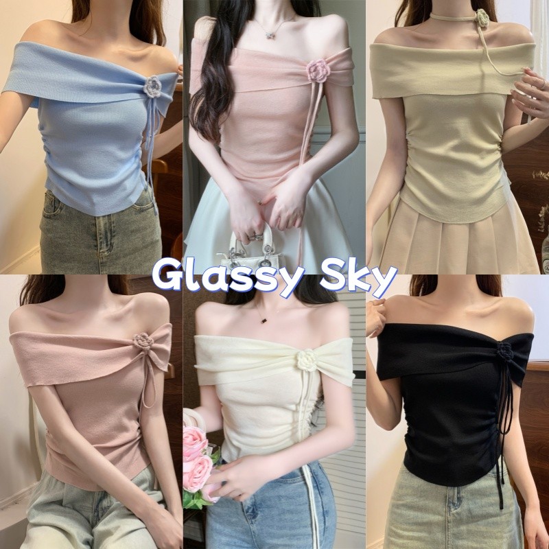 Glassy Sky พร้อมส่ง  เปิดไหมพรมเปิดไหล่ แขนสั้น ผ้านิ่มใส่สบายน่ารักมาก ใส่สบาย สง่างาม อ่อนโยน (S004)