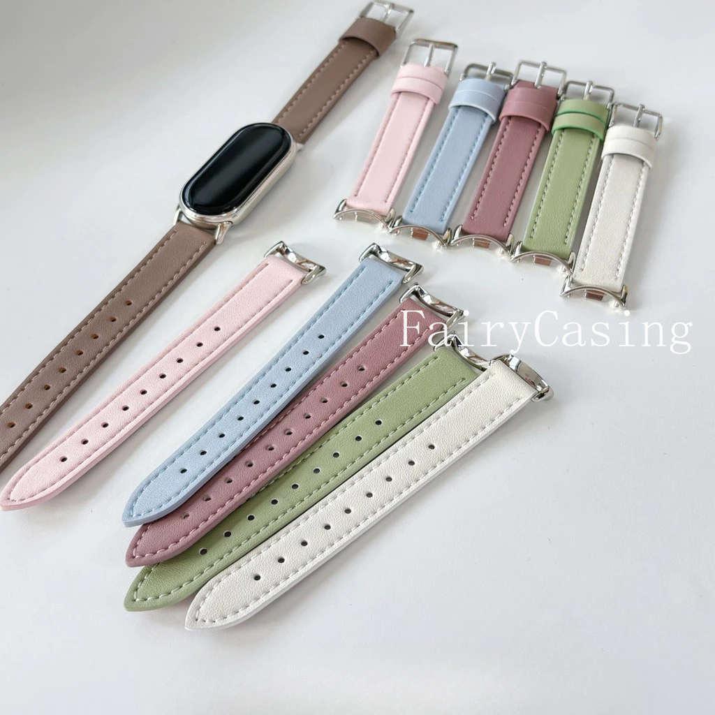 สายหนัง PU บางสําหรับ Mi Band 10 9 8 7 6 5 4 3 เปลี่ยนสายนาฬิกาสําหรับ Xiaomi Mi Band 9 8 NFC สายรัดข้อมือ