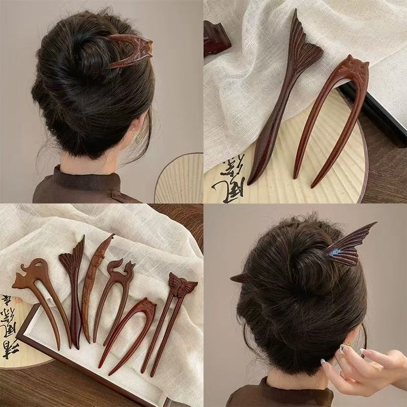 Retro แมวน่ารัก U-รูป Hairpin หญิงไม้จันทน์ผมเข็มกลัด 2025 ใหม่ Hanfu อุปกรณ์เสริม
