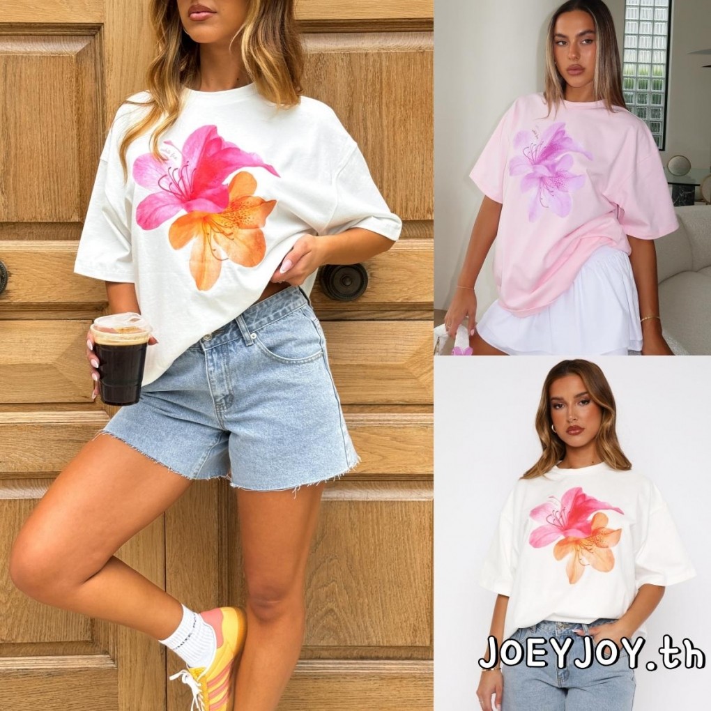 JOEYJOY-เสื้อยืดลําลองสําหรับผู้หญิงดอกไม้คอกลมหลวมเสื้อยืดครึ่งแขน