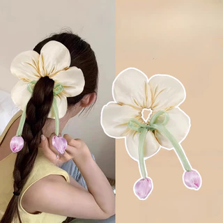 แฟชั่น Dangle ทิวลิปดอกไม้รูปร่างเชือกผม Scrunchies หางม้าผูกผมเครื่องประดับผม