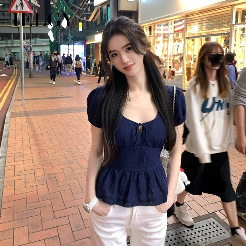 IELGY เสื้อท็อปคอสี่เหลี่ยมฝรั่งเศสสาวผ้าฝ้ายสําหรับผู้หญิง