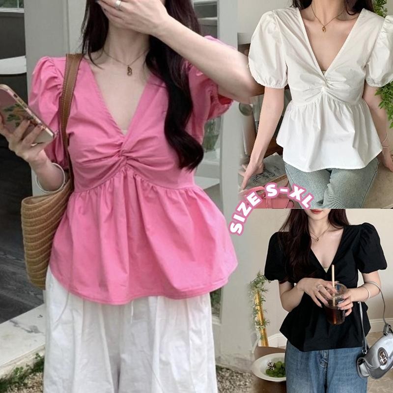 Mimi&Didi#เสื้อเบลาส์แขนพองสีชมพูสำหรับผู้หญิง สไตล์ฝรั่งเศส เสื้อเชิ้ตคอวีจีบช่วงหน้าร้อนน่ารักแฟชั่นลำลอง ใส่สบาย#W610