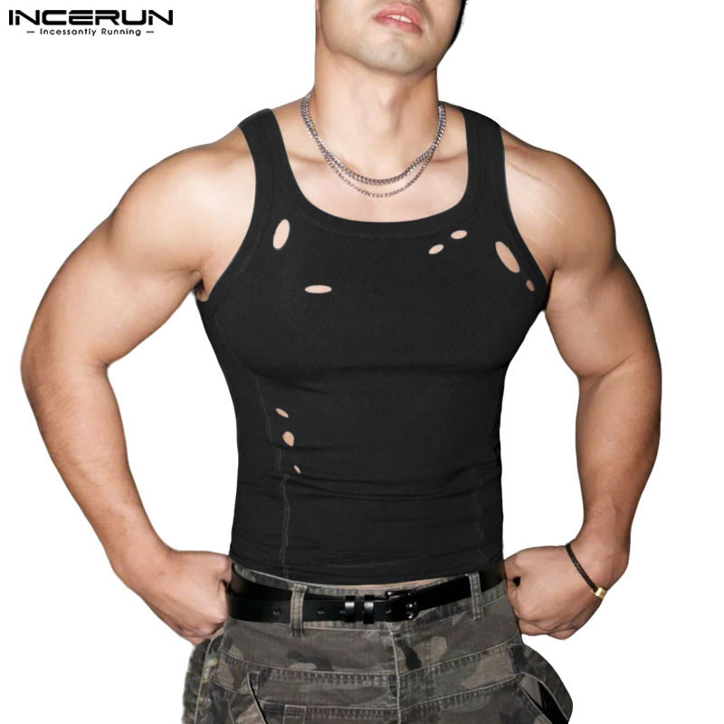 INCERUN เสื้อกล้ามแฟชั่นสตรีทสีสะอาดกลวงสําหรับผู้ชาย