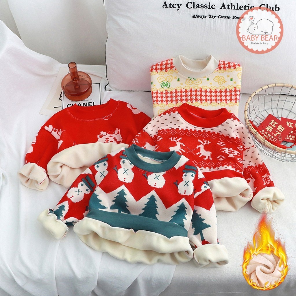เสื้อกันหนาวเด็ก สเวตเตอร์กันหนาว เสื้อกันหนาวแฟชั่น ลายคริสมาสต์ ด้านในอุ่นๆ หนา นุ่ม