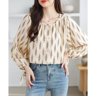 ในสต็อก Graceful Womens Long Puff Sleeve Round Neck Chiffon Top Loose Fit Ideal for Work หรือ Casual Wear
