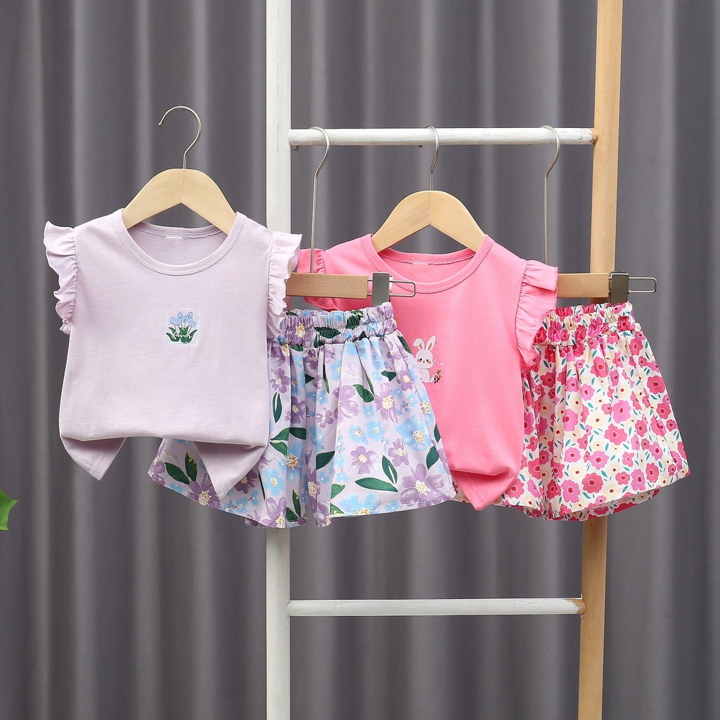 เสื้อผ้าเด็กชุดรูปแบบน่ารักและน่าสนใจเสื้อตุ๊กตาแขนบินขนาดเล็ก + พิมพ์เต็มรูปแบบโคมไฟกางเกงขาสั้น2ชิ้นชุดเสื้อผ้าเด็กผู้หญิงชุ