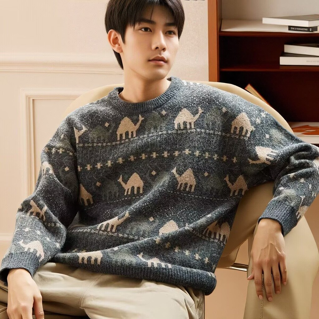 2024ใหม่ฤดูใบไม้ร่วงของผู้ชายย้อนยุคไม่รีดผ้ารอบคอ jacquard ปักขี้เกียจอบอุ่นถักเสื้อกันหนาว