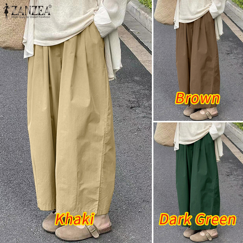ZANZEA ใส่ ซานเซีย ผู้หญิงเกาหลีสบายๆเอวยางยืดกระเป๋าสีธรรมดากางเกงขากว้าง — صورة 3