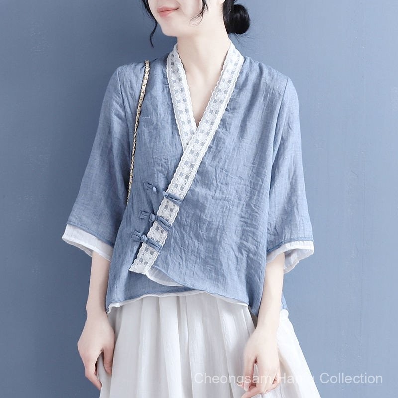 จีนเสื้อผ้าปีใหม่ qipao ด้านบนผู้หญิงเสื้อ CNY สไตล์จีนเสื้อด้านบนสไตล์จีนด้านบนในแนวทแยงหัวเข็มขัดเสื้อลูกไม้ขึ้นผู้หญิงปลอมสองชิ้นผ้าฝ้ายและผ้าลินินฤดูร้อนวินเทจ