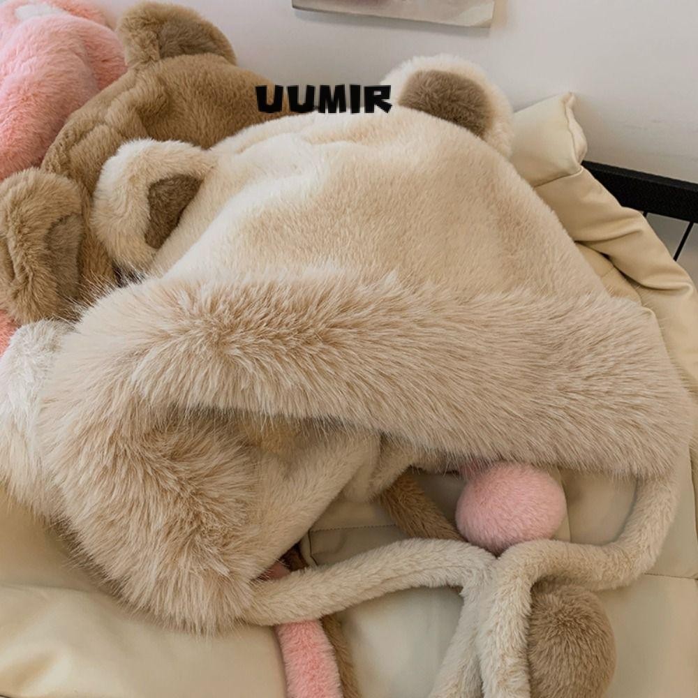 UUMIR  Pullover Cap, เทียมกระต่ายขนหมีหูตุ๊กตาหูแฟชั่นหนาหูสกีผ้าพันคอ