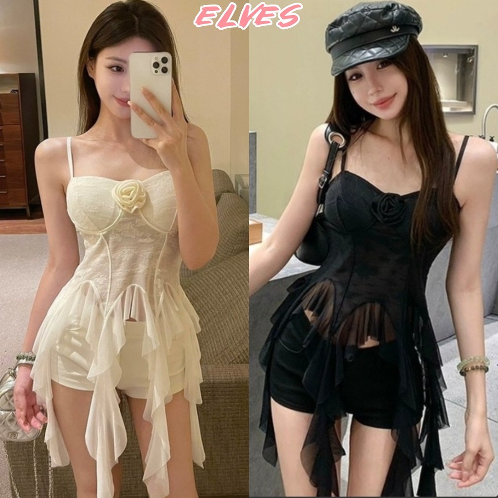 Elves พร้อม💟เสื้อสายเดี่ยว มีฟองน้ำ ปลายปล่อย สีพื้น เซ็กซี่ ผ้าใส่สบาย"FY1921"