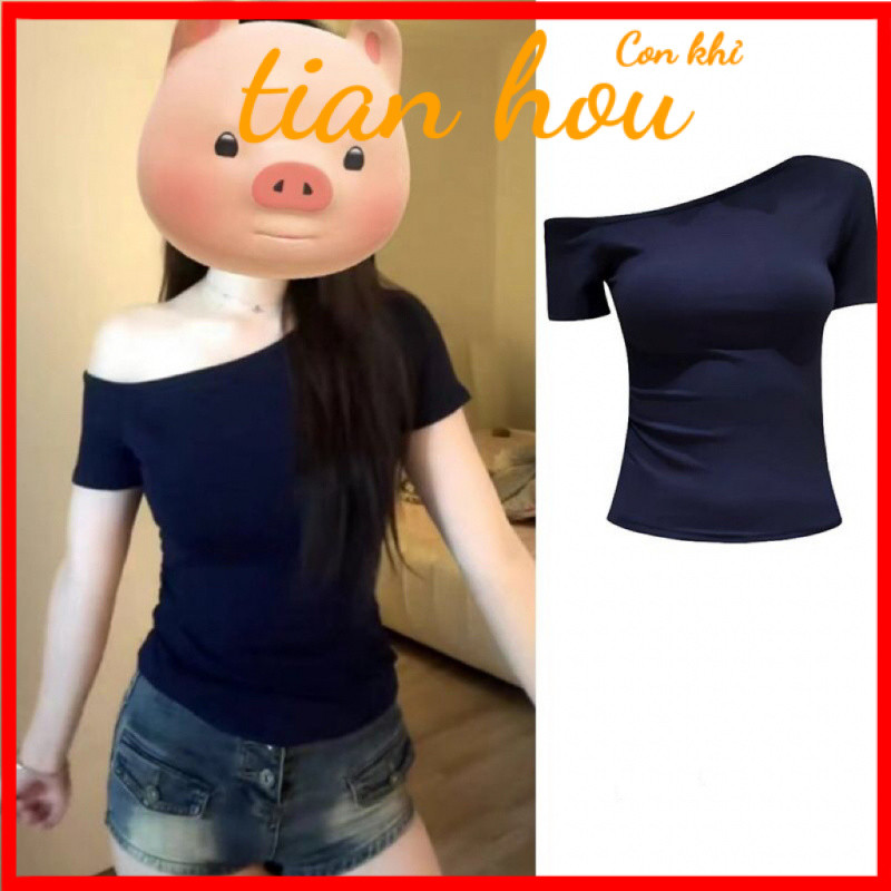 เสื้อสีน้ำเงินเข้มเสื้อยืดเปิดไหล่แนวทแยงเข้ารูปผู้หญิงทรงสั้นเข้ารูปสาวฮอตมีเอกลักษณ์ใหม่หน้าร้อนเก๋แขนสั้นสวย