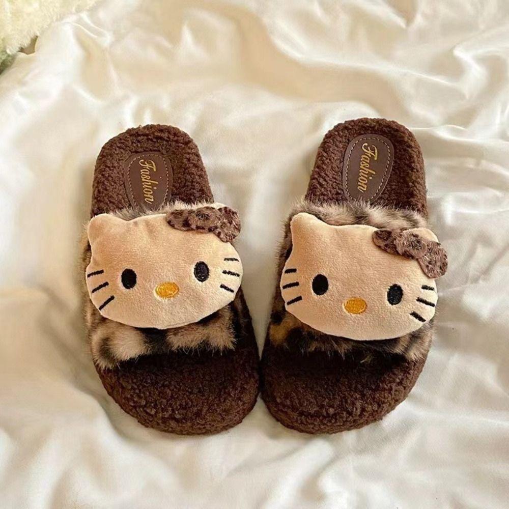 Jsjjingp รองเท้าแตะตุ๊กตา Kitty, รองเท้าแตะขนสัตว์อุ่นบ้านปุย, นักเรียน Kawaii ในร่มกลางแจ้ง Anti Slip Y2k รองเท้าแตะเสือดาวด้านนอก
