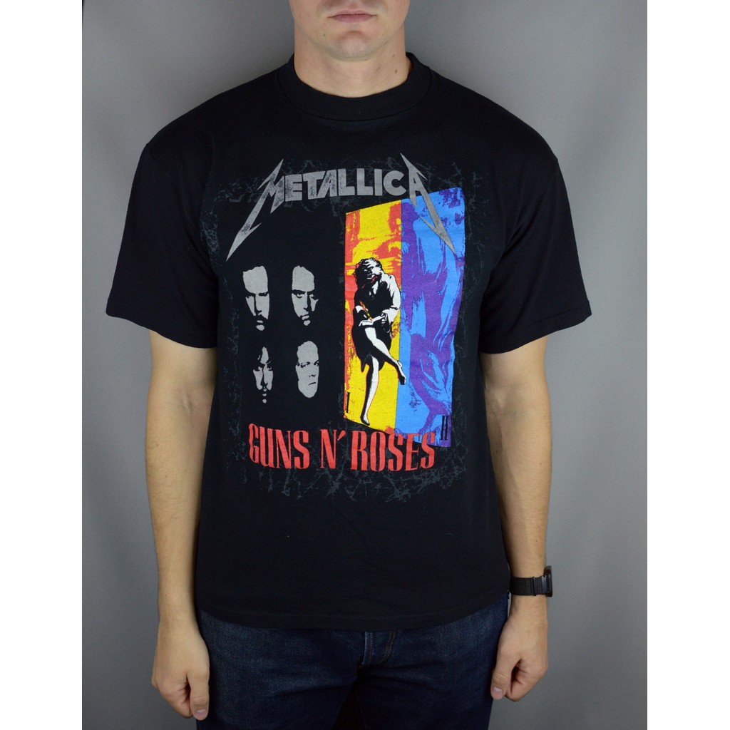 Halloween Pure Cotton Metallica N Roses 1992 USA Tour T shirt เสื้อยืดผู้ชายและผู้หญิงคริสต์มาส