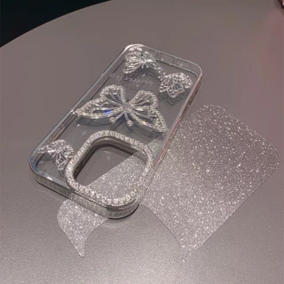 เคสโทรศัพท์ผีเสื้อแวววาวสําหรับ iPhone 16 Pro Max หรูหรา Bling เพชรปลอกชุบโปร่งใสสําหรับ iPhone 13 11 12 14 15 Pro Max Plus ปกอ่อน