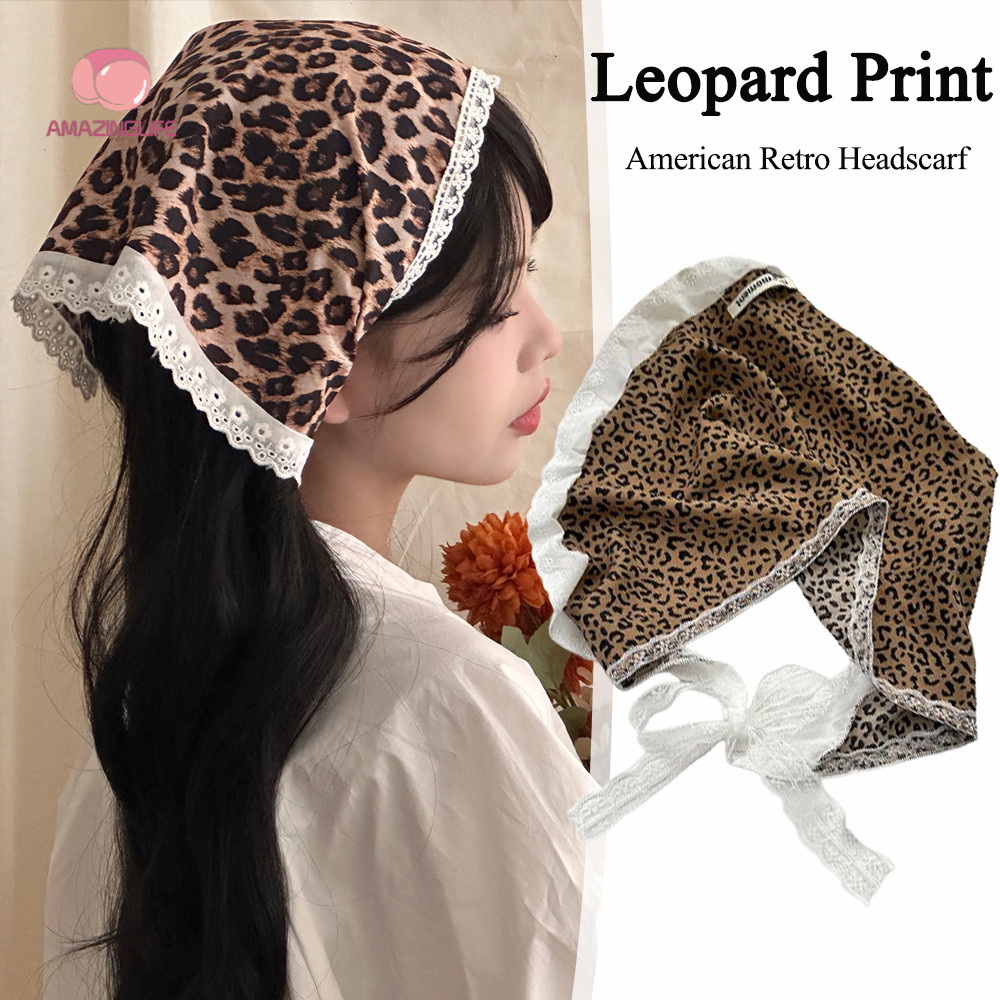 Vintage Leopard Lace Triangle Headscarf - French Style Ellegent Leopard Print Bandana Headband - Gir