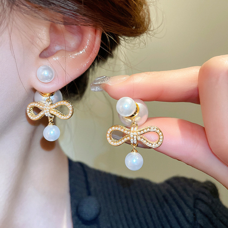 เดรช โบว์ต่างหูมุกย้อนยุคต่างหูฝรั่งเศสซอกต่างหูแฟชั่นระดับไฮเอนด์สําหรับผู้หญิง