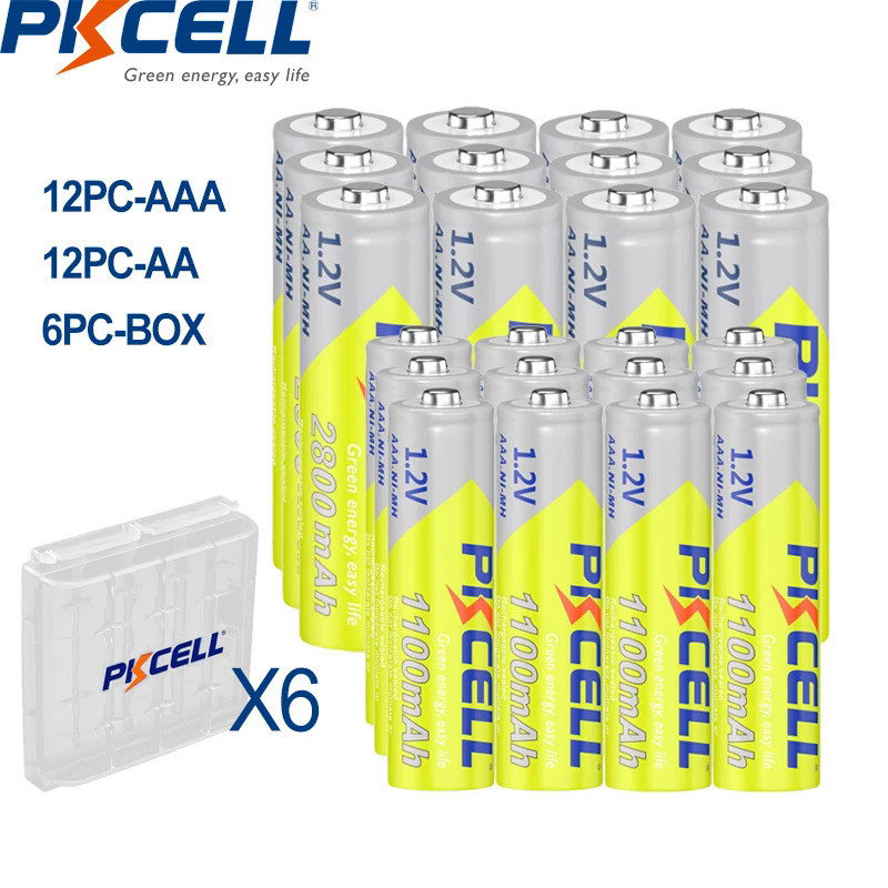 PKCELL 12Pcs  AA rechargeable Batteries 2800mAh+12PC AAA Batteries 1100mAh 1.2V NI-MH AA AAA Recharg
