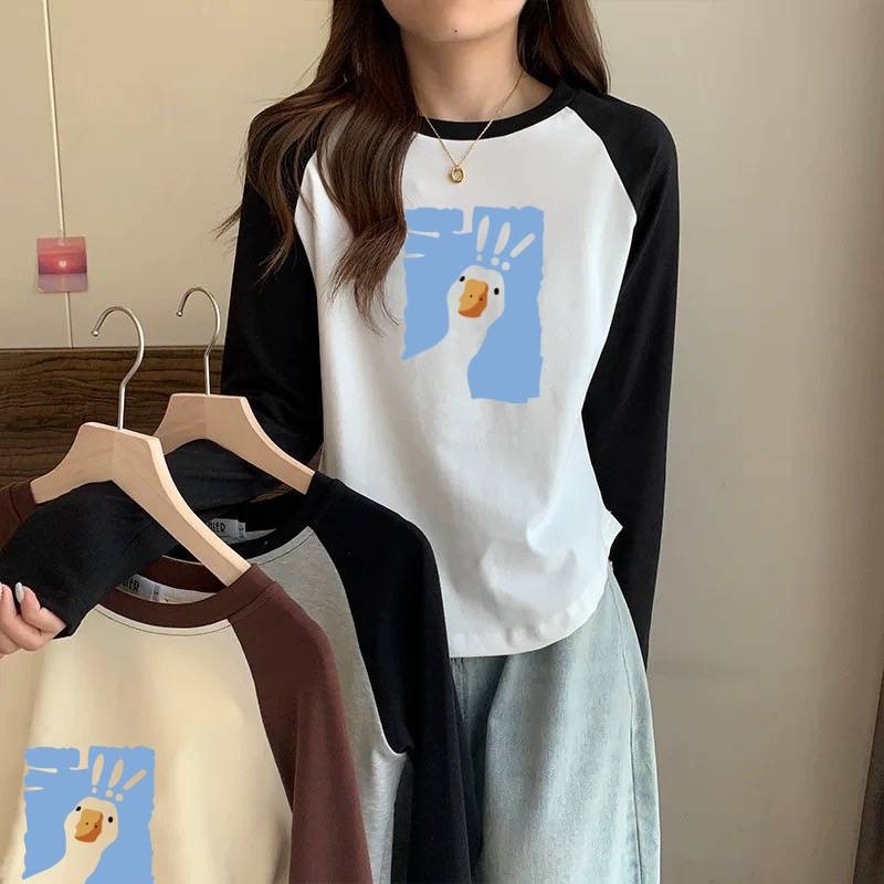 MKL เสื้อยืดแขนยาว คอกลม ทรงหลวมขนาดใหญ่ สีพื้น พิมพ์ลายการ์ตูนเป็ดน่ารัก แฟชั่นฤดูใบไม้ผลิและฤดูใบไม้ร่วง #B015
