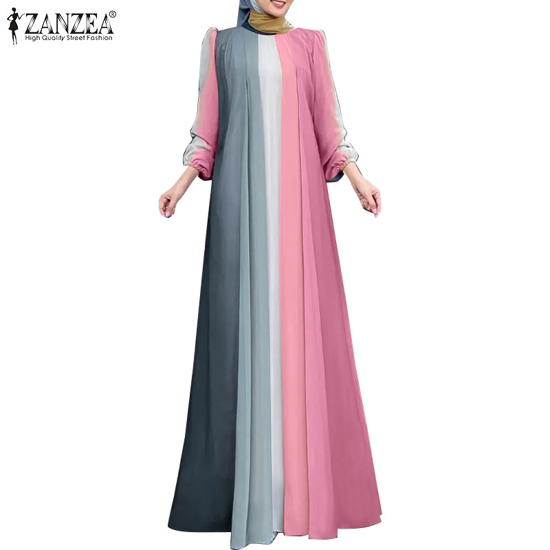 Zanzea ผู้หญิงมุสลิมลูกเรือคอ Contrast สีจีบแขนโคมไฟ Elasticized Cuffs Dresses