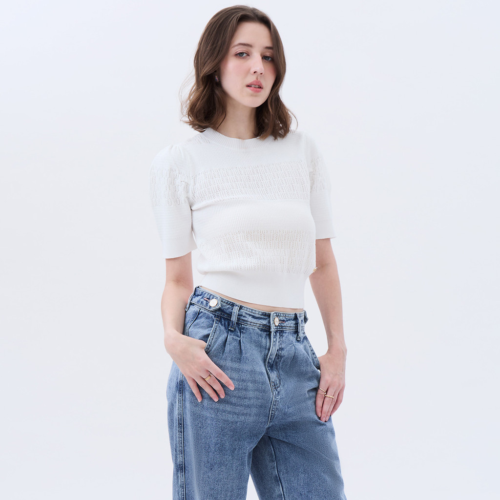 EP เสื้อสเวตเตอร์ ผ้านิต ผู้หญิง สีออฟไวท์ I Flat Knit Sweater I 00896