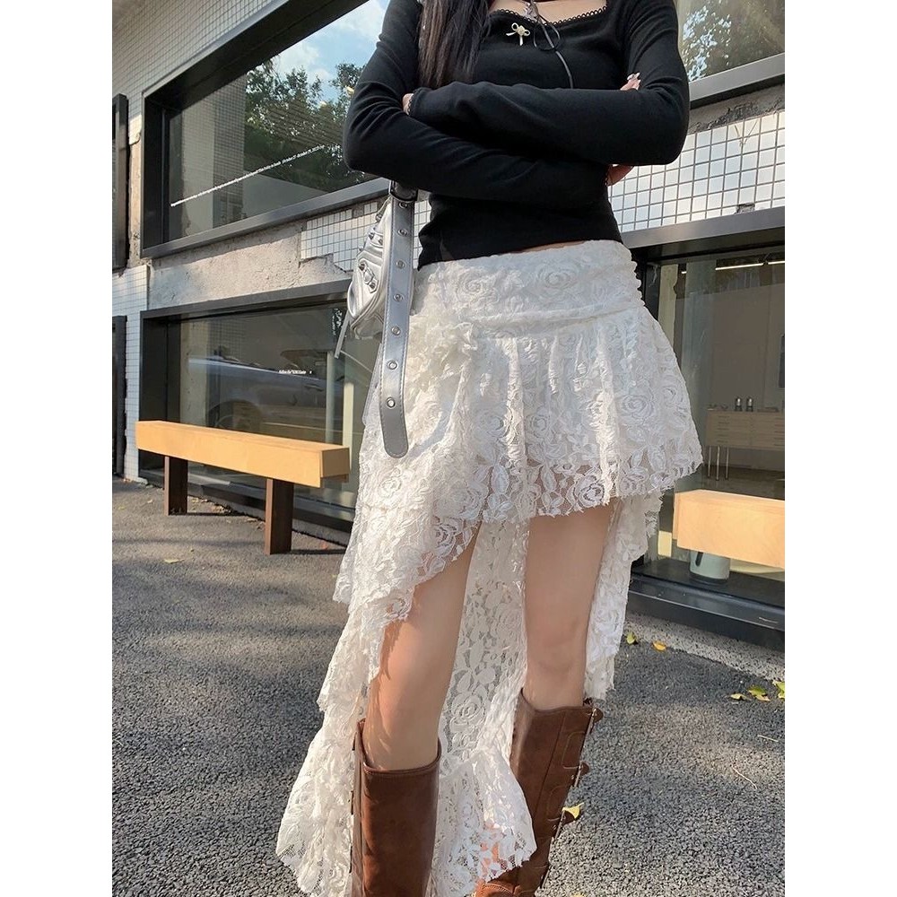 แฟชั่นและเรียบง่าย กระโปรงลูกไม้ไม่สม่ำเสมอ ดอกไม้สามมิติ ลมโบฮีเมียน RR109