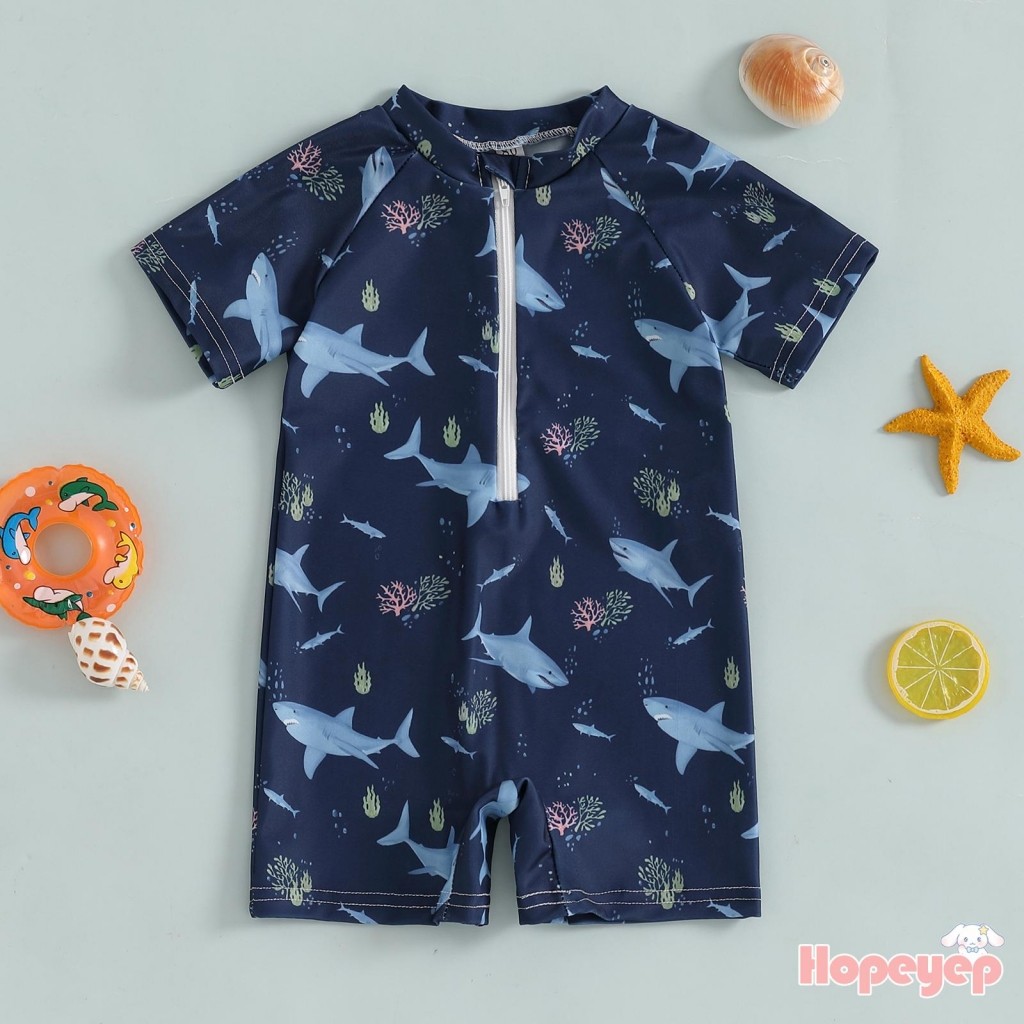 Zytjj-toddler Boy Girl ชุดว่ายน้ํา Shark พิมพ์แขนสั้น Mock คอ Zip Up Rash Guard ชุดว่ายน้ํา