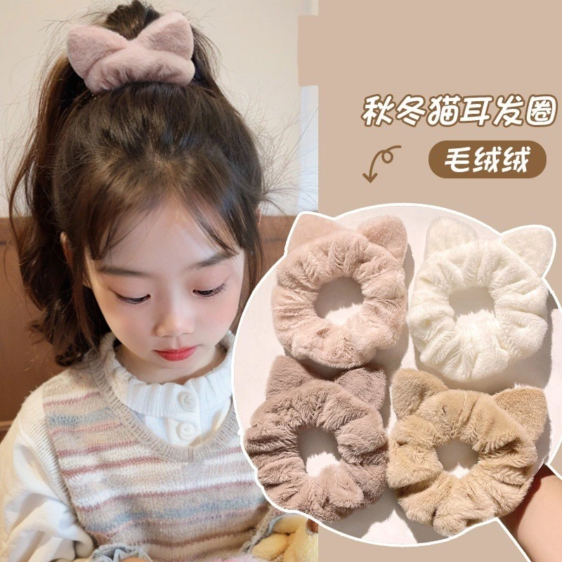 ฤดูใบไม้ร่วงฤดูหนาวหูแมวตุ๊กตา Scrunchy ผม Tie หางม้าสูงผูกผมเครื่องประดับผม