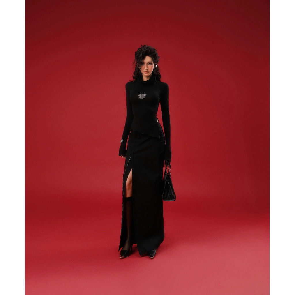 Sodope CLUB - เสื้อยืดสีดําแขนยาวแบบบางและกระโปรงซิปยาว Hooc Tam