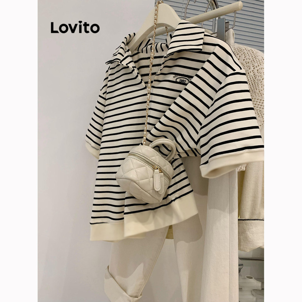 Lovito เสื้อยืดหญิง ลายทาง คัลเลอร์บล็อก สไตล์ลำลอง LNE69175