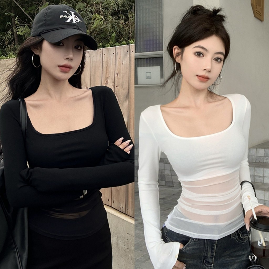 🍓Evelyn🍓​เสื้อแขนยาวครอป แต่งซีทรูเบาๆ คอเหลี่ยม เสื้อยืดผู้หญิง ยืดใส่สบายมากเซ็กซี่เวอร์ สไตล์เกาหลี#FY2746