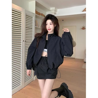 Beryl เสื้อแจ็คเก็ตลําลองเสื้อกันลมแจ็คเก็ต เชือกรูด มีซิปกันน้ําสําหรับผู้หญิง เสื้อคลุมสั้น เรียบง่ายทันสมัยสไตล์เกาห