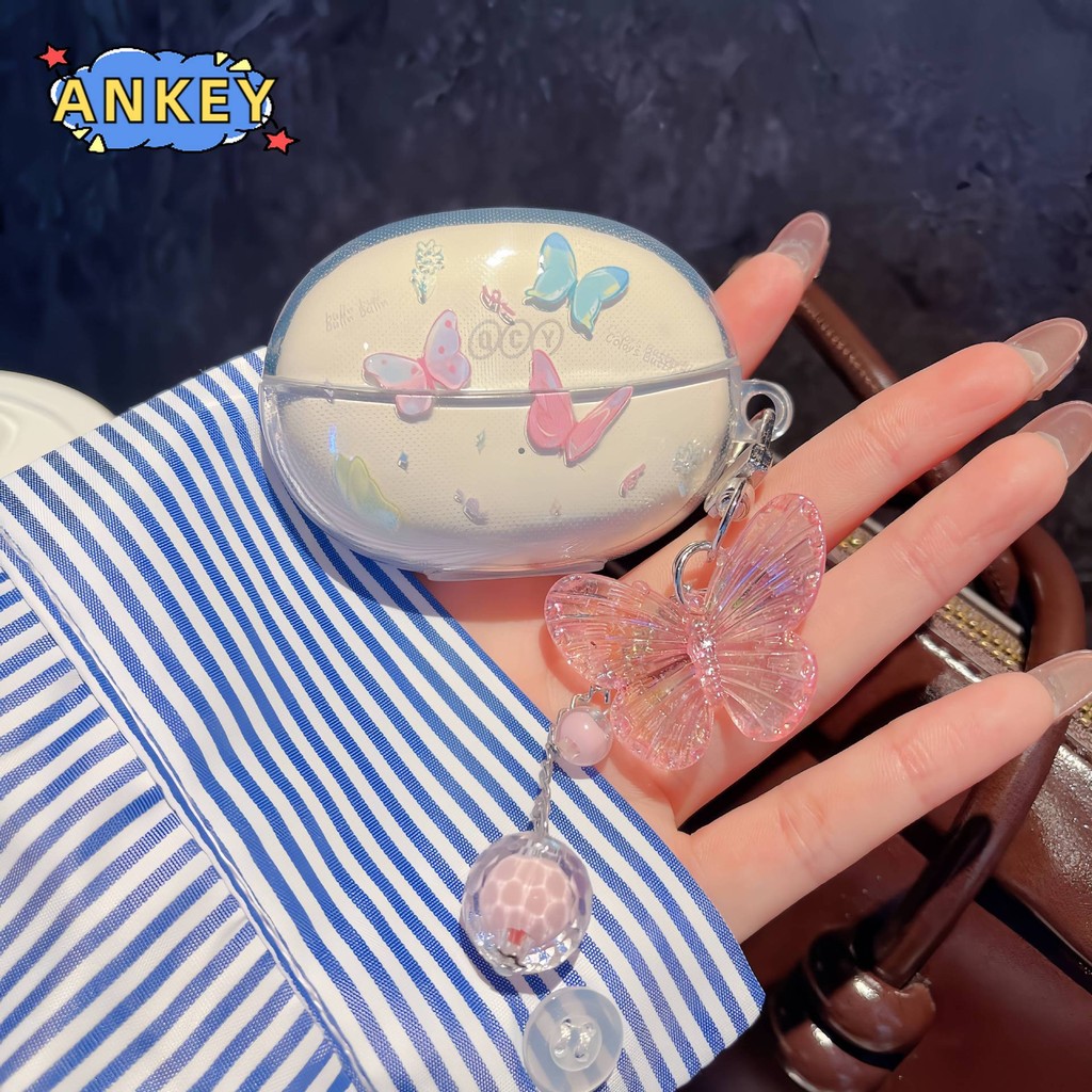 For QCY Crossky C30S C30 Transparent Earphone Silicone Case Earbuds Purple Butterfly Waterproof Shockproof Soft Protective Headphone Cover Headset Skin with Hook - รูปที่ 6