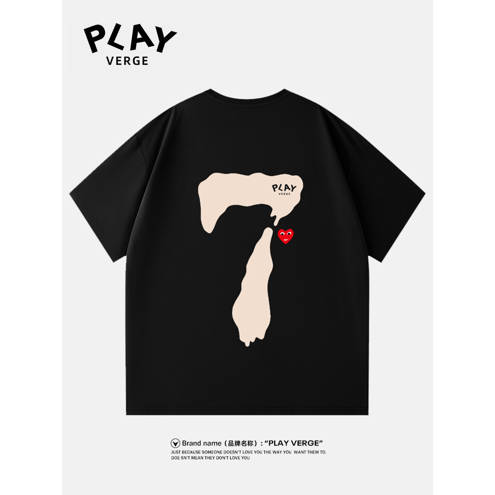 CDG PLAY เสื้อยืดแขนสั้นผู้ชายผู้หญิงฤดูร้อน Street Wear Love ผ้าฝ้ายแท้รอบคอสบายๆหลวมเสื้อยืดด้านบน