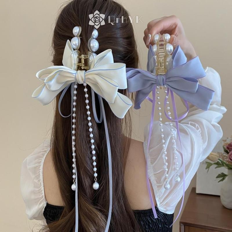 QrhYK แฟชั่นภาษาฝรั่งเศสคํา Pearl Bow ยาว sel ผม Claws ผู้หญิงกลับ Headwear อุปกรณ์เสริมผมของขวัญใหม่