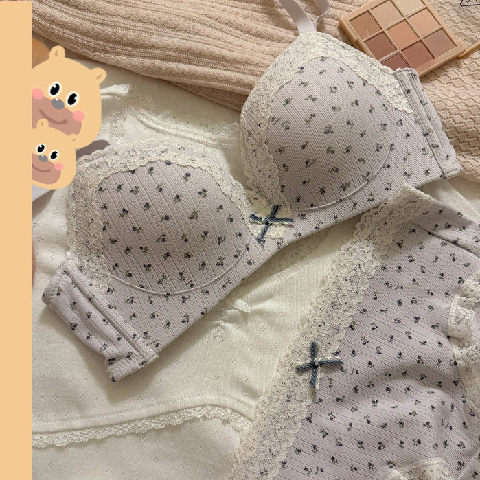 🎀bearbra🎀เสื้อชั้นใน ไร้โครง ผ้านุ่ม น่ารัก เซ็กซี่ สำหรับผู้หญิงเสื้อชั้นในเนื้อผ้าฝ้ายสไตล์ญี่ปุ่น ชุดชั้นในไร้กรอบพิมพ์ลายดอกไม้อ่อนโยน