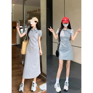 MOSESQUEEN มอสสควีน เดรสคอปกโปโลปัก 2025 ฤดูร้อนเอวแขนสั้นชุดห่อสะโพก #63064-63067