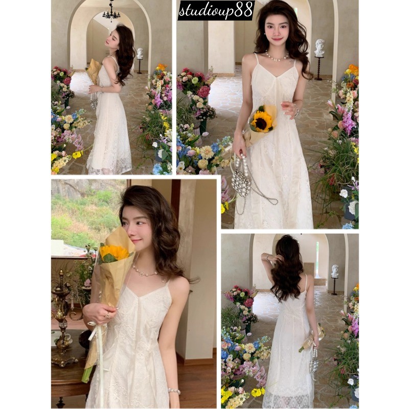 (ส่งจากไทย)เดรสผู้หญิง เดรสขาว ลูกไม้ สีพื้น สไตล์ลำลอง ชั้นสูงเรียบง่ายเดรสออกงานหรูๆ เกาหลี เนื้อผ้าใส่สบาย