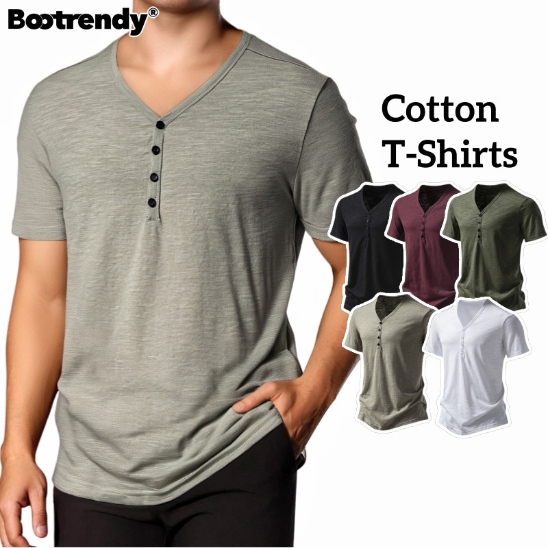 Bootrendy ผ้าฝ้ายเสื้อยืดผู้ชายขนาดบวกสบายๆน้ําหนักเบาTee Vคอสั้นแขนสั้นปุ่มลงเสื้อยืดเสื้อสวมหัวแข็ง