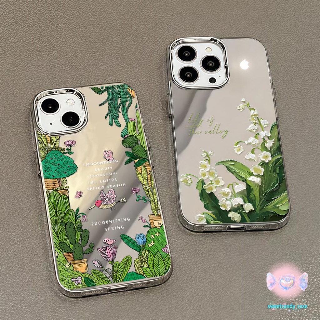 👑จัดส่งในพื้นที่👑เคสแบบกระจกมิเรอร์ ระบบสีเขียว ลิลลี่แห่งแลนซ์ พืชสีเขียว สําหรับIPhone16 15 13 7 8plus Pro PromaxXR XS