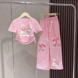 NEWชุดเซ็ทเด็กผู้หญิงน่ารัก เสื้อผูกโบว์ข้าง+กางเกงแต่งโบว์ รุ่น4108