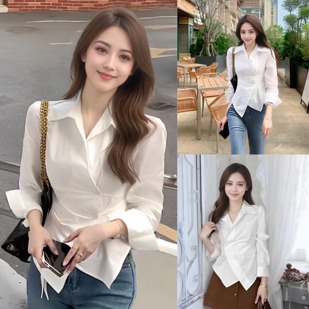 เสื้อเชิ้ตแขนยาวสไตล์ฝรั่งเศส คอปกไม่สมมาตร ดีไซน์สวยๆ ใส่สบายในทุกวัน