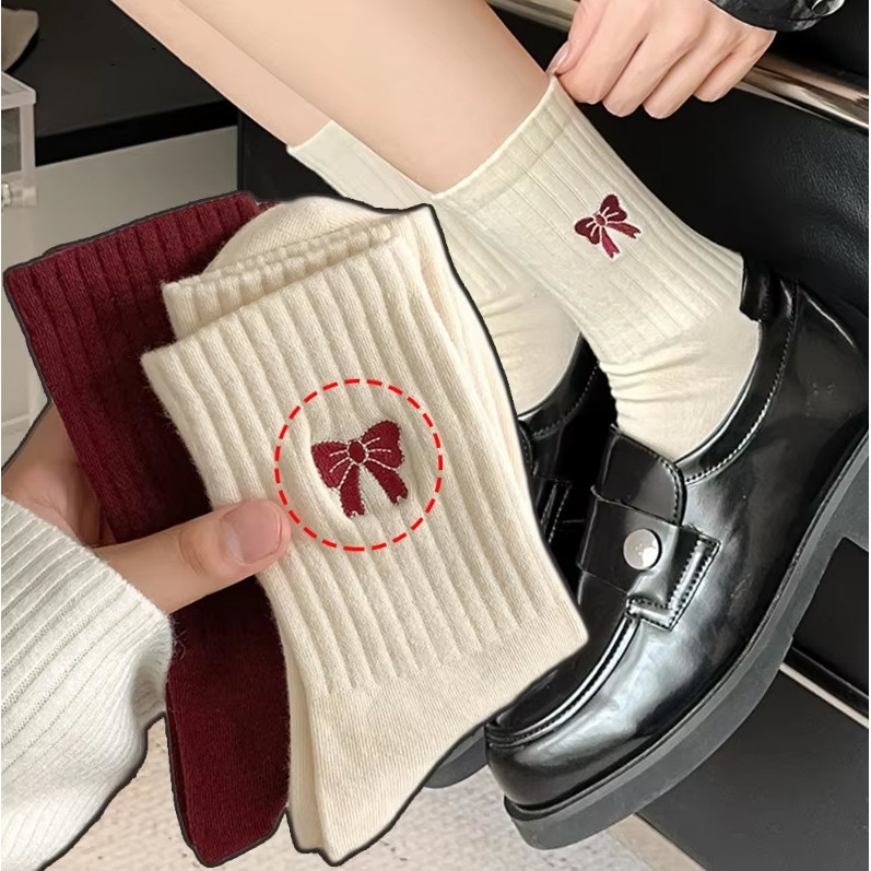 2 คู่ของถุงเท้ากลางโบว์สีแดง – ฤดูใบไม้ร่วงและฤดูหนาวหนาอบอุ่น