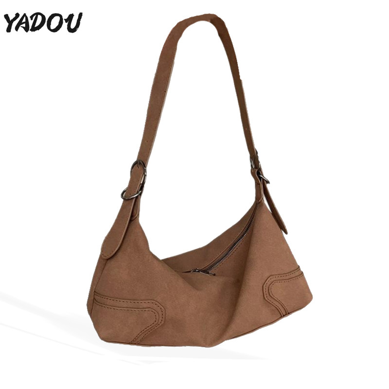 YADOU กระเป๋าหนังกลับ American niche design กระเป๋ามอเตอร์ไซค์หรูหราและระดับไฮเอนด์ Retro deer skin กํามะหยี่หนังนุ่ม frosted กระเป๋าสะพายสไตล์เผ็ด