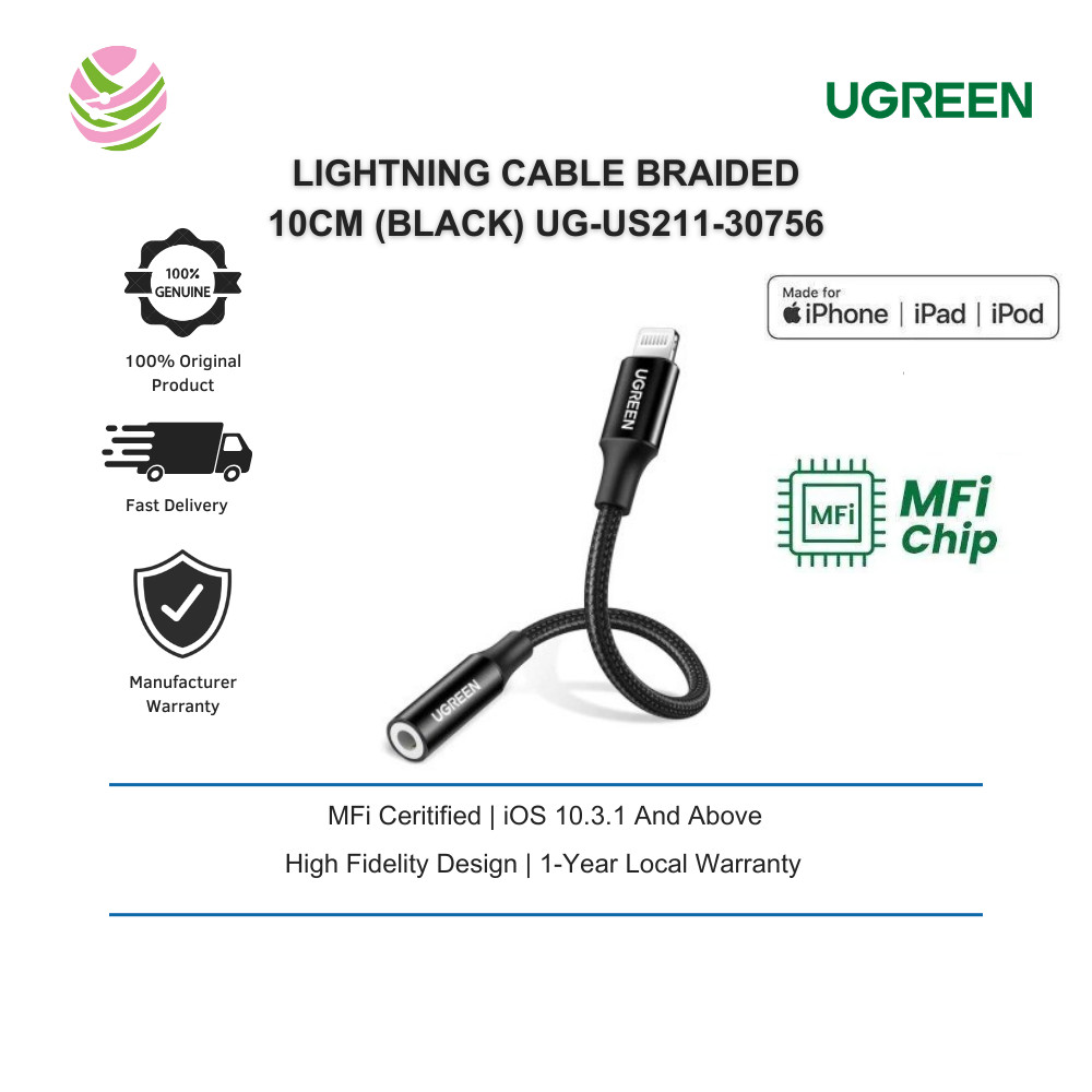 UGREEN US211 30756 Lightning ถึง 3.5 มม.อะแดปเตอร์หูฟัง M/F รอบสายอลูมิเนียม Braided 10 ซม. (สีดํา)