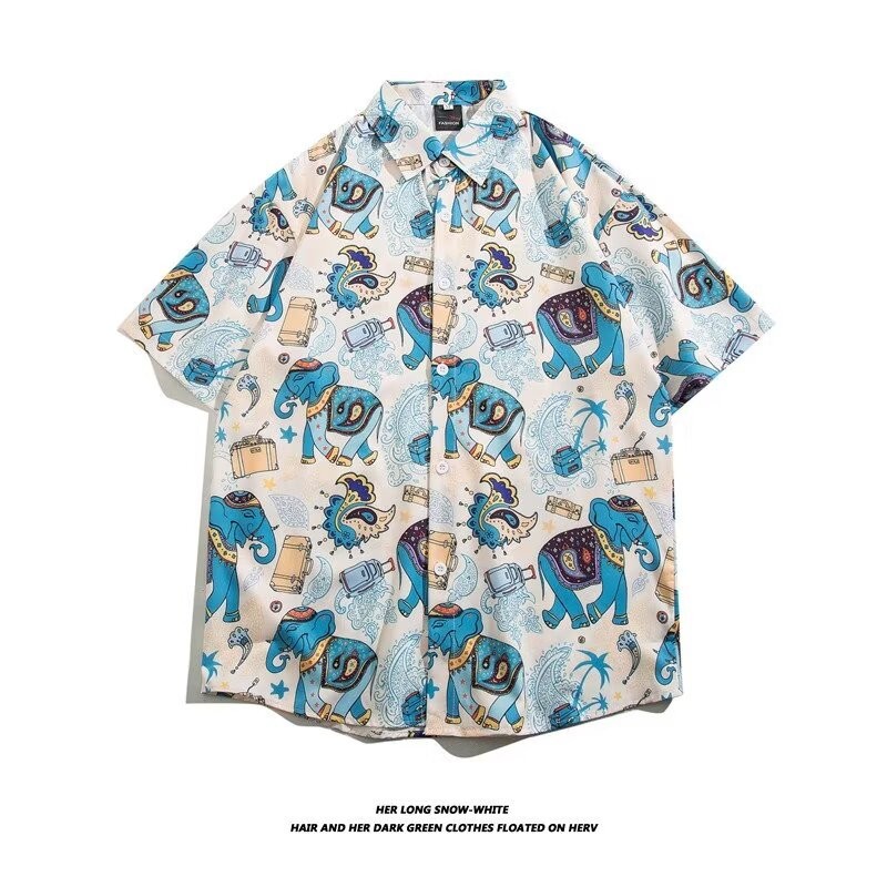 T Thailand Elephant Print Retro Hong Kong Style Street Wear Loose Hawaii Beach Style Short Sleeve Sh